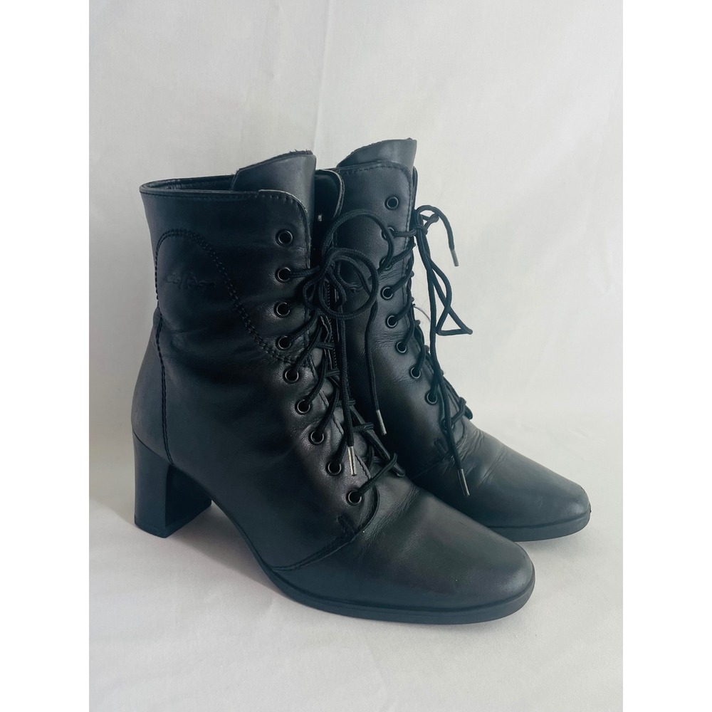 College Black Leather Lace Up Ankle Boots Side Zip Canada 5.5 B Victorian